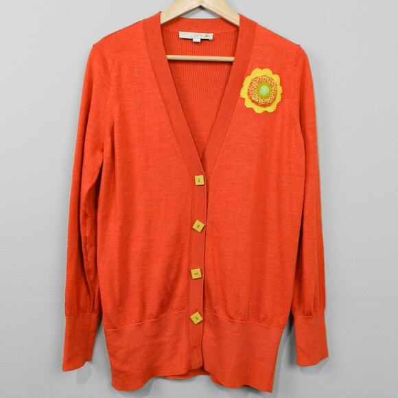LOFT Sweaters - LOFT Cardigan Sweater Size L Orange Wool Blend Custom Buttons Flower Patch